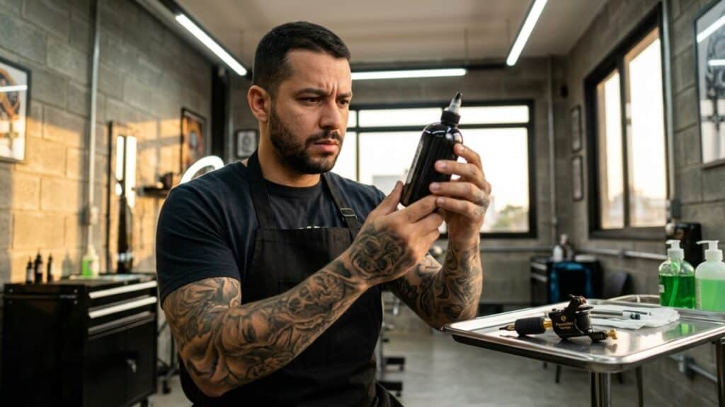 Anvisa - Tatuador inspeciona frasco de tinta em estúdio moderno