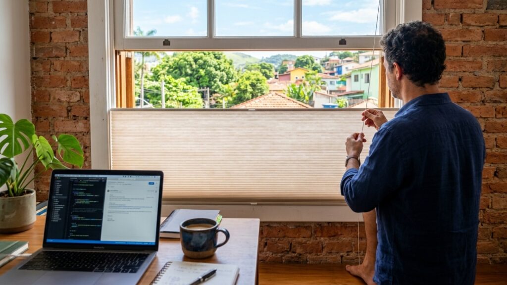Pessoa ajustando persiana versátil para garantir privacidade e luz natural