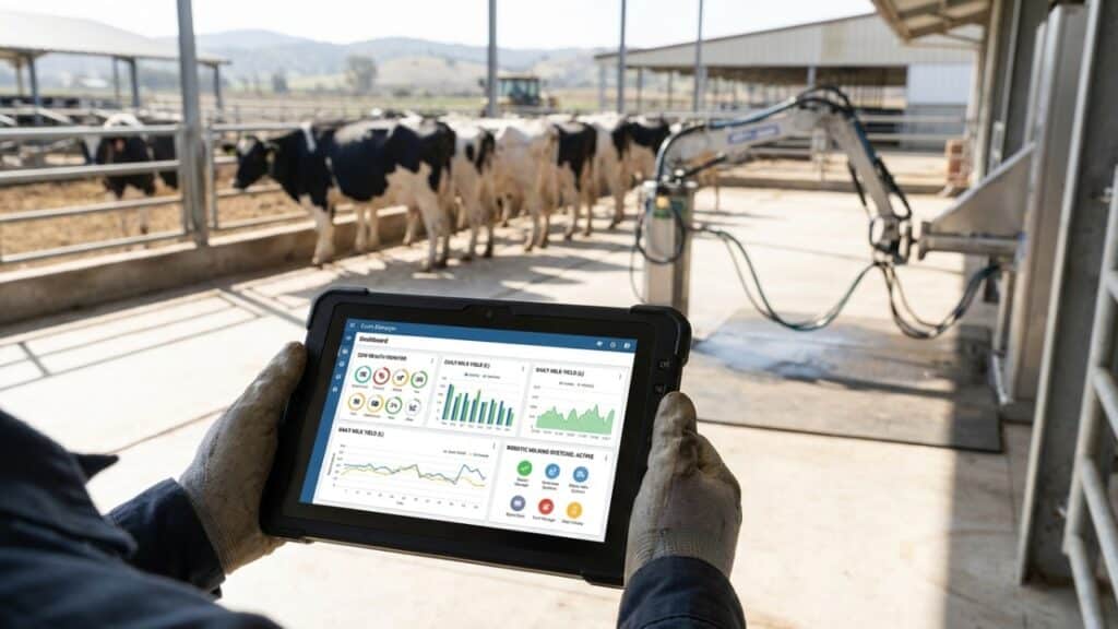 Pessoa de um tablet controlando dados da fazenda automatizada