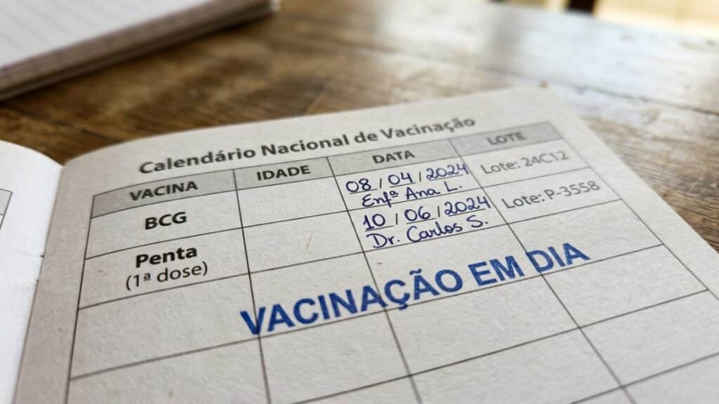 Caderneta de vacinação com carimbos e datas