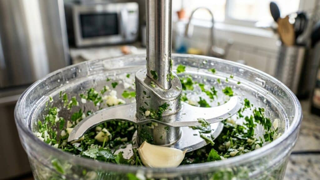 Lâminas de aço inox triturando temperos frescos com precisão