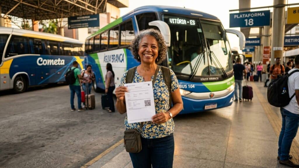 Mulher idosa sorridente segurando sua carteira pronta para viajar