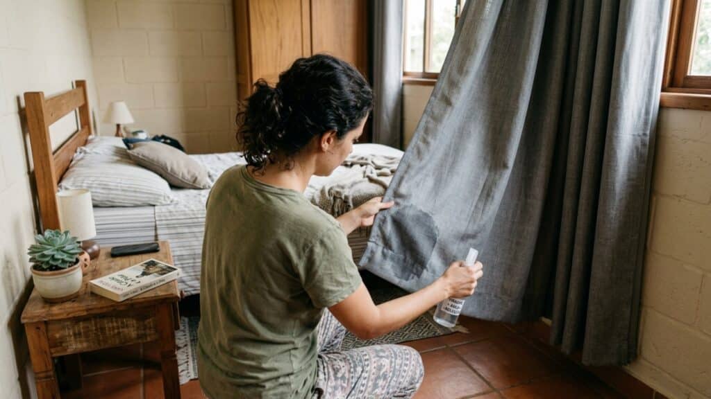 Pessoa testando o spray de vinagre discretamente na barra de uma cortina cinza