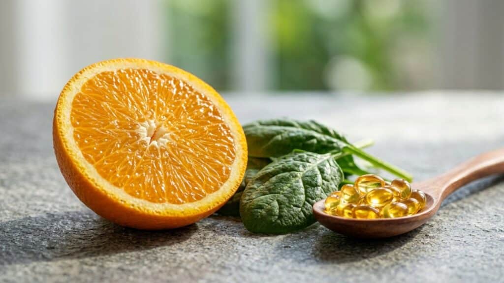 Composição macro de laranja, folhas verdes e cápsulas de vitaminas sobre pedra