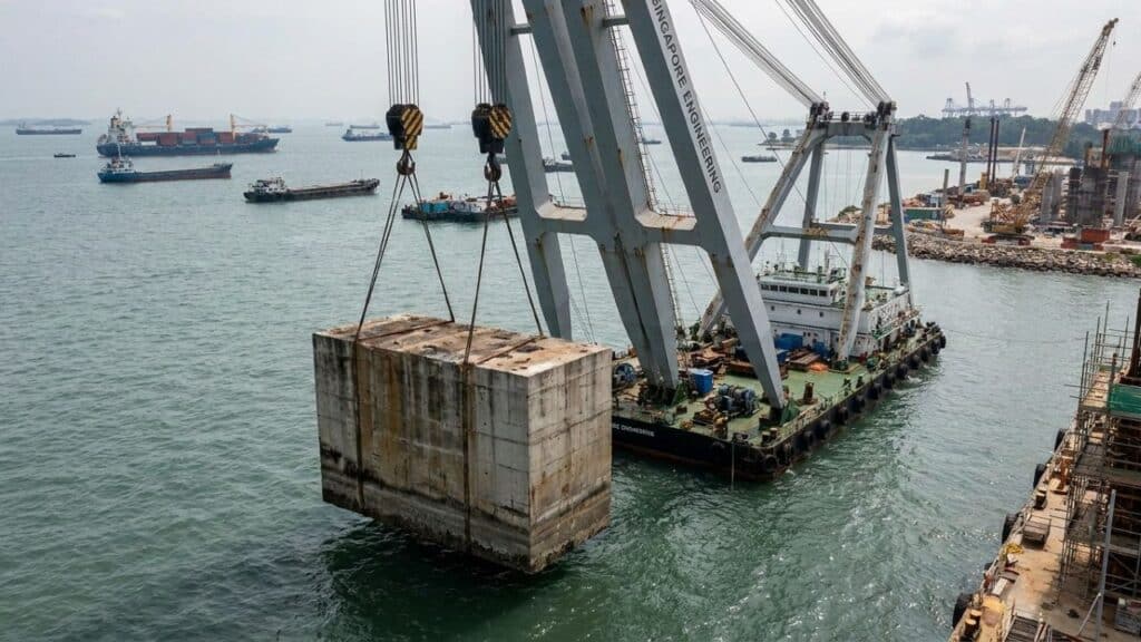 Obra de R$ 200 bilhões afunda blocos gigantes de 15 mil toneladas no mar para criar o maior porto automático do mundo