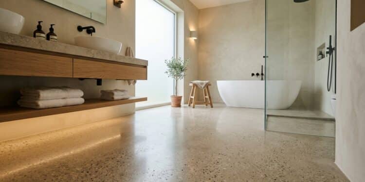 Banheiro com chão de pedra: a resina que transforma o piso sem quebra-quebra