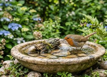 Se você tem um bebedouro para pássaros no jardim é aconselhado colocar um item natural dentro dele