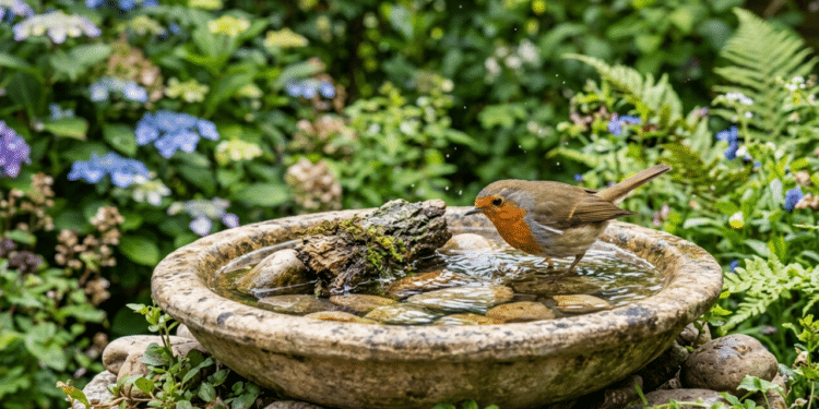 Se você tem um bebedouro para pássaros no jardim é aconselhado colocar um item natural dentro dele