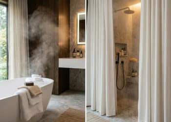 Banheiro ganha aparência de hotel com cortina impermeável de tecido