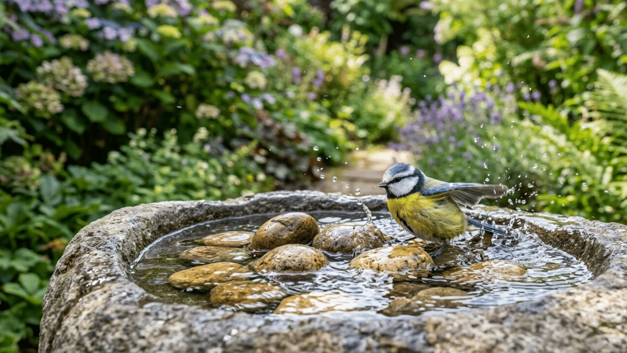Se você tem um bebedouro para pássaros no jardim é aconselhado colocar um item natural dentro dele