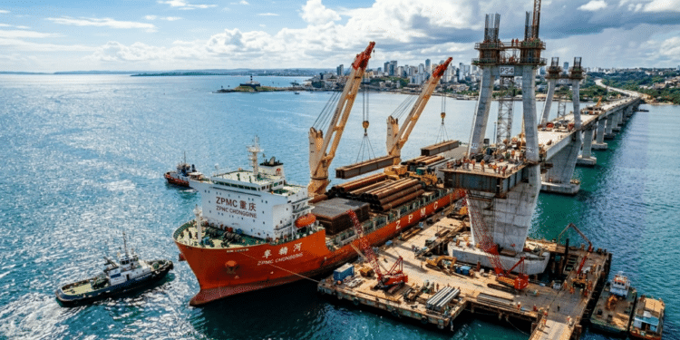 Construção da megaponte da América Latina avança no Nordeste com navio da China chegando com mais de 800 toneladas de materiais para projeto com investimento de R$ 10,4 bilhões
