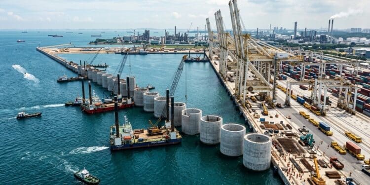 Obra de R$ 200 bilhões afunda blocos gigantes de 15 mil toneladas no mar para criar o maior porto automático do mundo