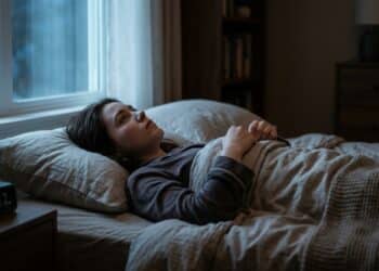 A realistic cinematic bedroom scene showing a woman around 40 years old lying sideways in bed after 22h, holding a smartphone close to her face while the screen glow reflects sharply in her tired eyes. Around her, the room is dark and quiet, with an untouched glass of water, reading glasses, a half-open planner and a dim alarm clock creating a sense of late-night mental overload. On the phone screen, show blurred vertical video thumbnails suggesting perfect bodies, luxury routines and idealized lifestyles, without readable text or recognizable apps. Her expression should communicate subtle emotional comparison, digital fatigue and anxiety before sleep, not sadness or despair. Shot on Sony FX3 with an 85mm lens, intimate close-up composition, shallow depth of field, cold blue smartphone light mixed with soft warm bedside shadows, realistic mental health editorial photography style. 16:9 aspect ratio. No overlaid text. No headlines. No captions. No watermarks. No stock photo aesthetic.