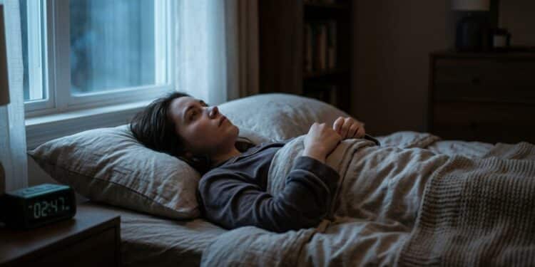 A realistic cinematic bedroom scene showing a woman around 40 years old lying sideways in bed after 22h, holding a smartphone close to her face while the screen glow reflects sharply in her tired eyes. Around her, the room is dark and quiet, with an untouched glass of water, reading glasses, a half-open planner and a dim alarm clock creating a sense of late-night mental overload. On the phone screen, show blurred vertical video thumbnails suggesting perfect bodies, luxury routines and idealized lifestyles, without readable text or recognizable apps. Her expression should communicate subtle emotional comparison, digital fatigue and anxiety before sleep, not sadness or despair. Shot on Sony FX3 with an 85mm lens, intimate close-up composition, shallow depth of field, cold blue smartphone light mixed with soft warm bedside shadows, realistic mental health editorial photography style. 16:9 aspect ratio. No overlaid text. No headlines. No captions. No watermarks. No stock photo aesthetic.