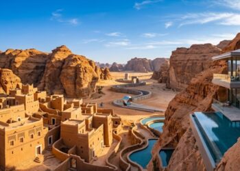 Arábia Saudita está prestes a transformar o deserto com megaobra de R$ 15 bilhões a céu aberto, mais de 900 casas de barro e hotéis de luxo integrados em vale