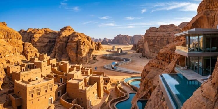 Arábia Saudita está prestes a transformar o deserto com megaobra de R$ 15 bilhões a céu aberto, mais de 900 casas de barro e hotéis de luxo integrados em vale