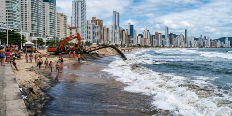 Mar avança sobre praia em SC e cidade inicia plano urgente para ampliar faixa de areia e reduzir os impactos constantes sobre áreas urbanas próximas da área