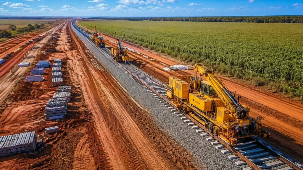Maior obra ferroviária do Brasil avança em Mato Grosso, avança 1 km por dia e recebe novo investimento de R$ 467,3 milhões para aumentar a eficiência no transporte de cargas agroindustriais e reduzir custos logísticos