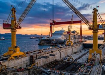 Guindastes gigantes impulsionam megaprojeto de doca seca na Itália para ampliar a capacidade de construção e manutenção de embarcações de grande porte