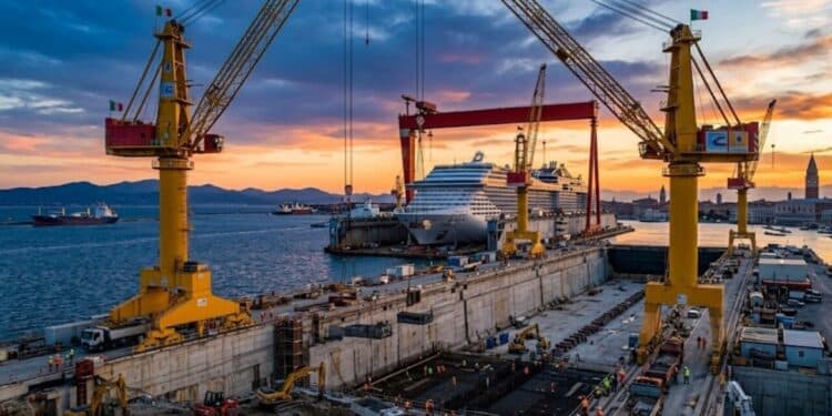 Guindastes gigantes impulsionam megaprojeto de doca seca na Itália para ampliar a capacidade de construção e manutenção de embarcações de grande porte