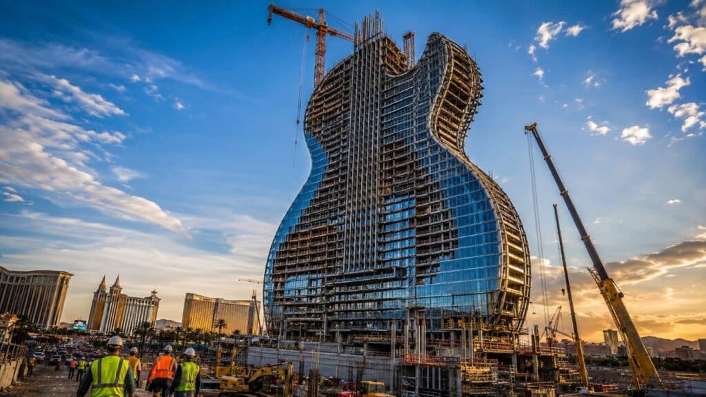 Las Vegas está construindo uma torre-guitarra de 213 metros de altura e 42 pavimentos, integrada a um resort com cerca de 3.600 quartos e mais de 16.258 metros quadrados de cassino
