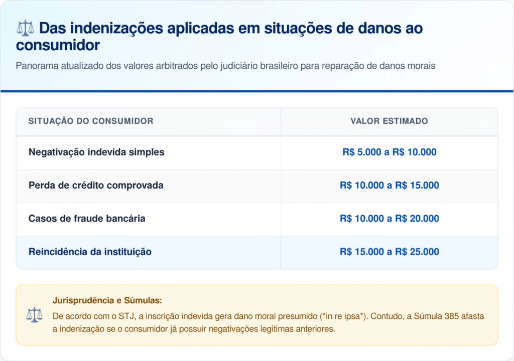 Valores baseados em julgados recentes de 2025 e 2026. A decisão final cabe ao juiz após análise do caso concreto.