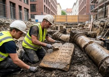 Descoberta histórica em Munique revela destroços da primeira sinagoga destruída por Hitler, com colunas do antigo templo e uma placa com os Dez Mandamentos gravados