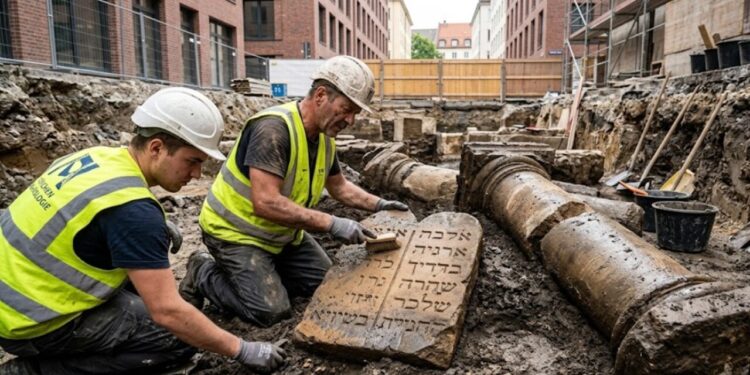 Descoberta histórica em Munique revela destroços da primeira sinagoga destruída por Hitler, com colunas do antigo templo e uma placa com os Dez Mandamentos gravados