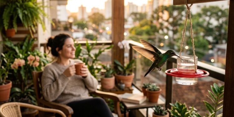 Varanda ganha um novo significado quando os beija-flores chegam no fim do dia