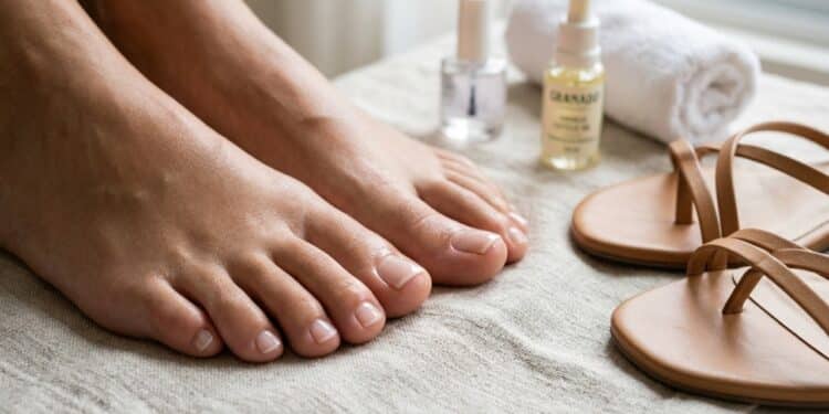 Unhas do pé transparentes combinam com qualquer sandália neste Outono e combinam com todo tipo de sandália
