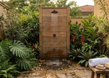 Chuveiro externo transforma o quintal em um espaço de relaxamento e bem-estar