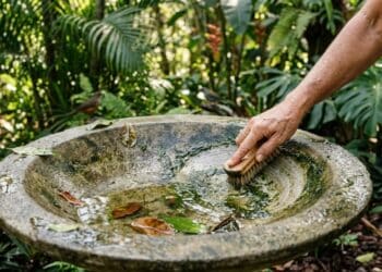 Como limpar um bebedouro de concreto para pássaros, removendo algas e mantendo os pássaros do quintal em segurança