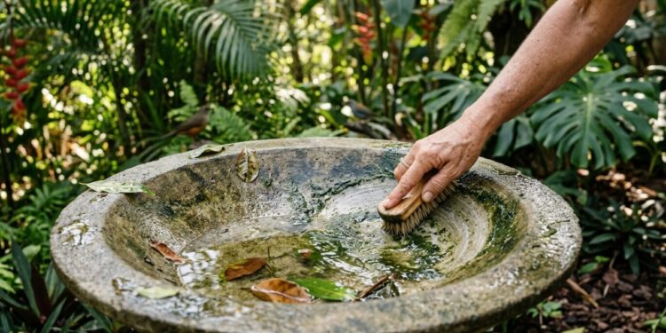 Como limpar um bebedouro de concreto para pássaros, removendo algas e mantendo os pássaros do quintal em segurança