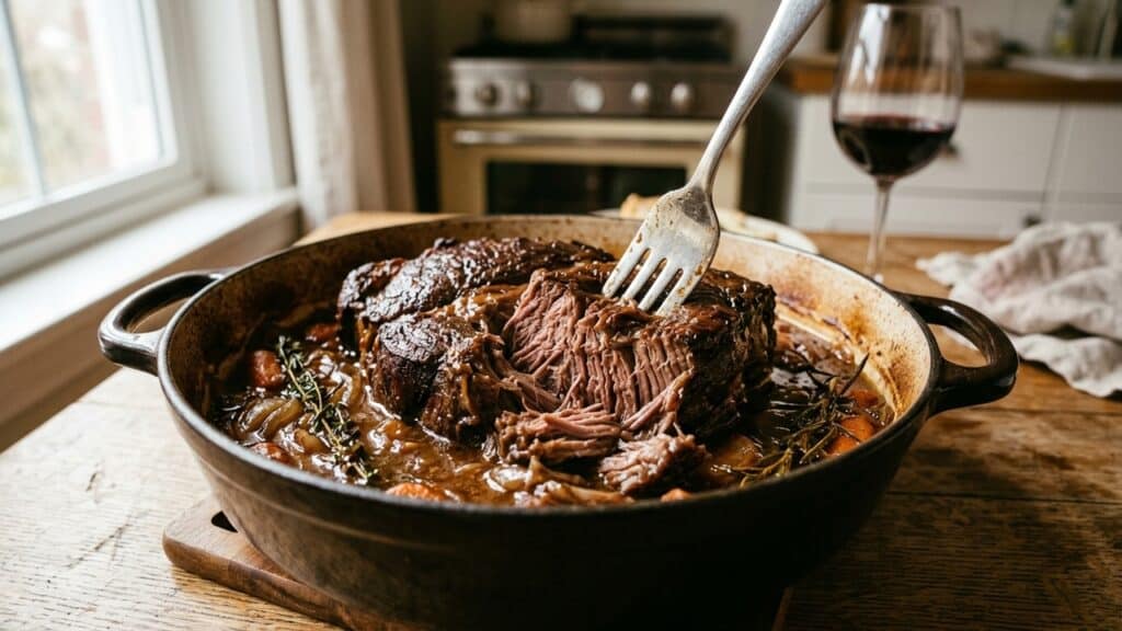 Carne assada na panela sendo desfiada com garfo, em molho encorpado com legumes e ervas, sobre mesa de madeira em cozinha caseira.
