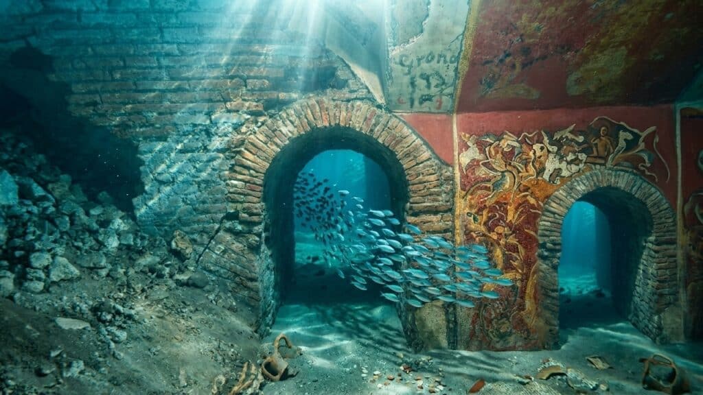 Ruínas antigas submersas com arcos de tijolos, paredes decoradas, peixes e raios de luz atravessando a água.