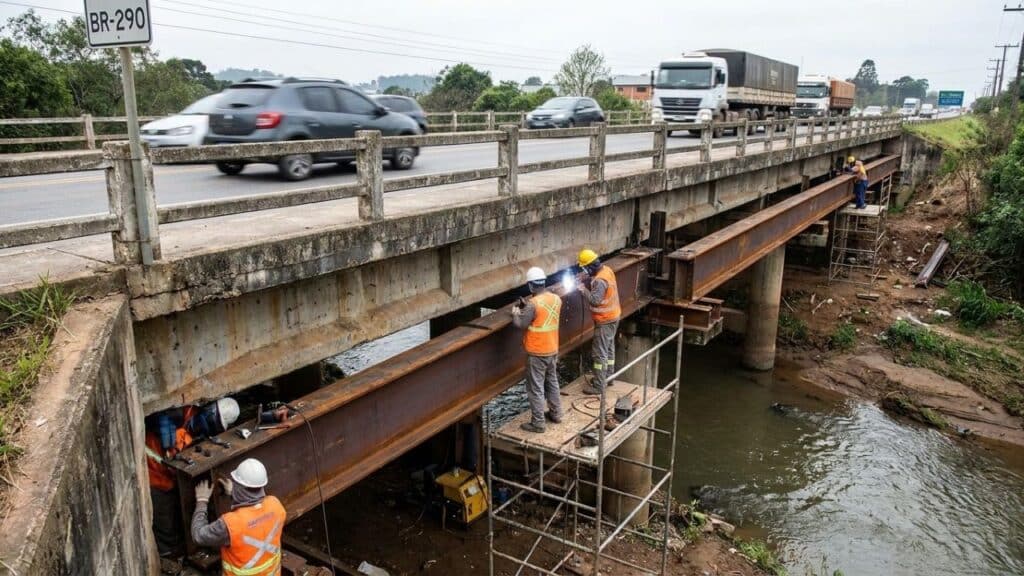 Obra emergencial de R$ 3,1 milhões reforça ponte de 55 metros na BR-290 no Rio Grande do Sul