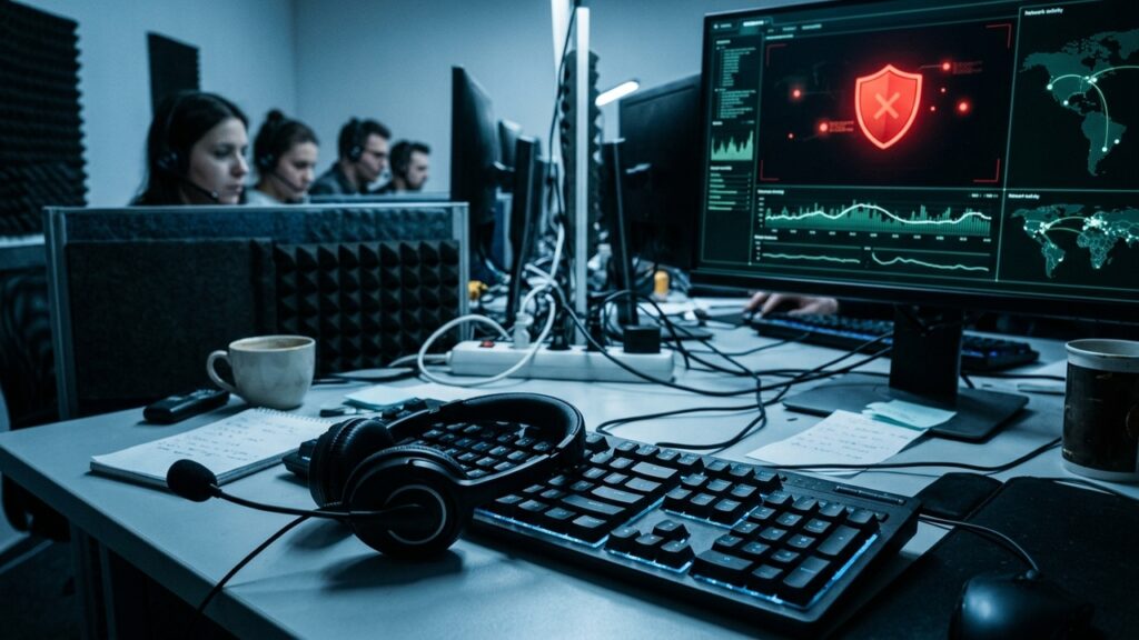 Sala de atendimento ou central de operações com vários operadores usando headsets, enquanto um monitor exibe alerta de segurança digital em vermelho.