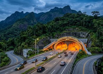 Carros trafegam pela entrada de um túnel em rodovia cercada por mata e montanhas.