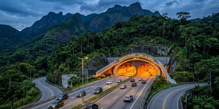 Carros trafegam pela entrada de um túnel em rodovia cercada por mata e montanhas.