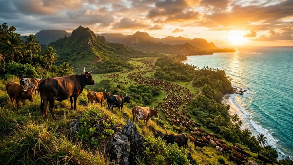Rebanho de gado em paisagem tropical costeira, com montanhas verdes, palmeiras, praia e mar ao pôr do sol.