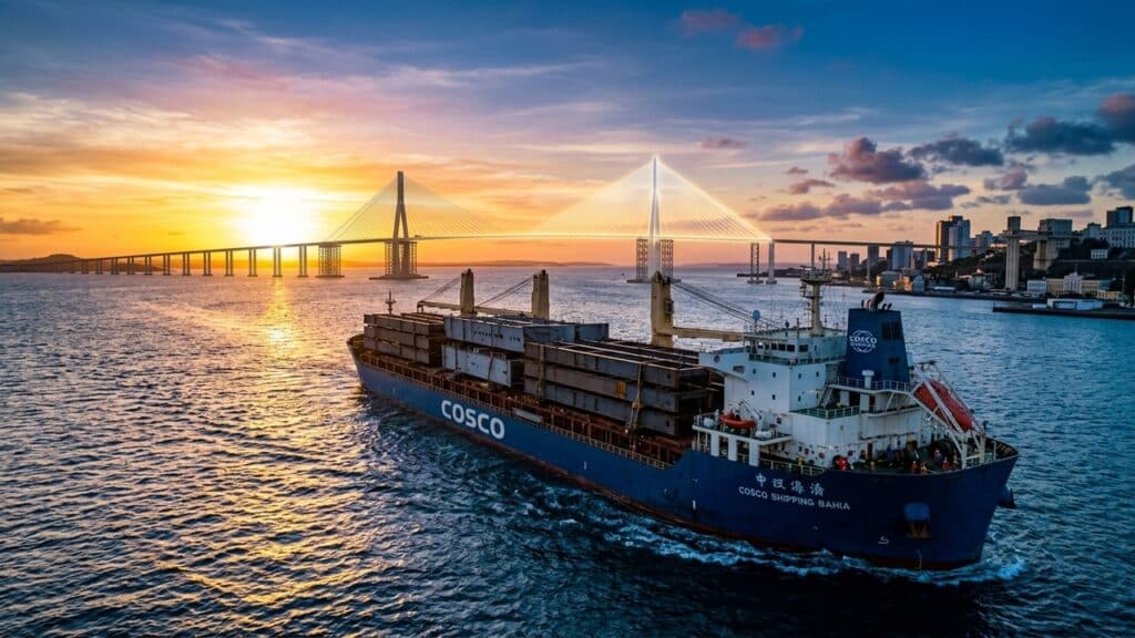 Navio cargueiro navega ao pôr do sol carregando grandes estruturas metálicas, com ponte estaiada, cidade e mar ao fundo.