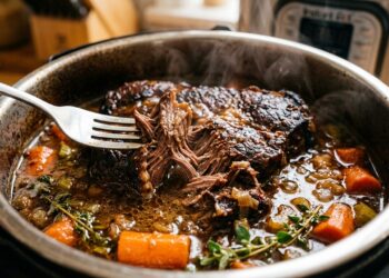 Carne de panela desfiando com garfo dentro de panela de pressão, com caldo, cenouras, ervas e vapor em cozinha caseira.