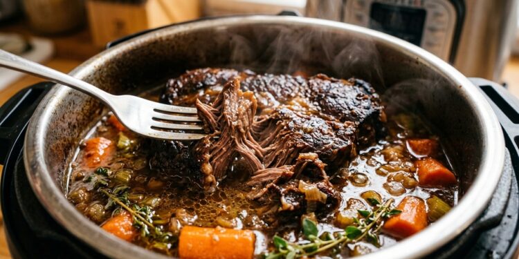 Carne de panela desfiando com garfo dentro de panela de pressão, com caldo, cenouras, ervas e vapor em cozinha caseira.