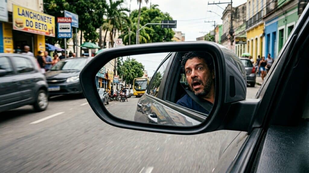 Motorista com expressão de surpresa aparece refletido no espelho retrovisor de um carro em rua movimentada.