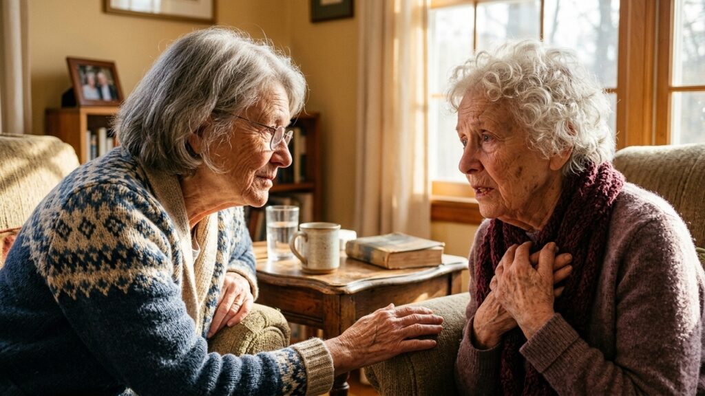 Duas mulheres idosas conversam em sala aconchegante, sentadas próximas à janela, em clima de acolhimento, amizade e escuta.