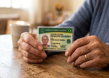 Pessoa idosa segura cartão de identificação relacionado ao Estatuto do Idoso sobre uma mesa de madeira.