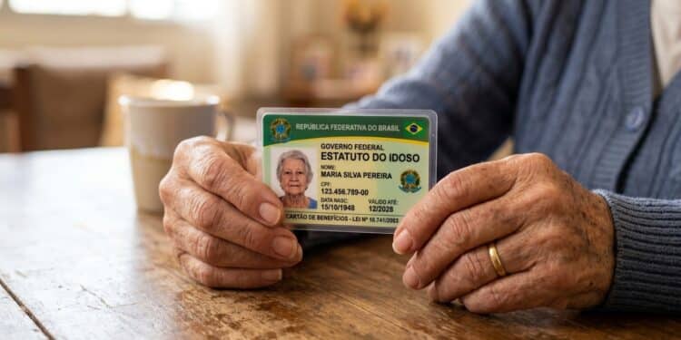 Pessoa idosa segura cartão de identificação relacionado ao Estatuto do Idoso sobre uma mesa de madeira.