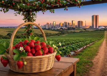 Cesta de morangos frescos em plantação rural, com skyline de Brasília ao fundo no fim da tarde.