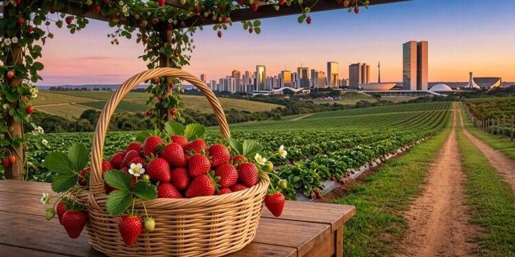 Cesta de morangos frescos em plantação rural, com skyline de Brasília ao fundo no fim da tarde.