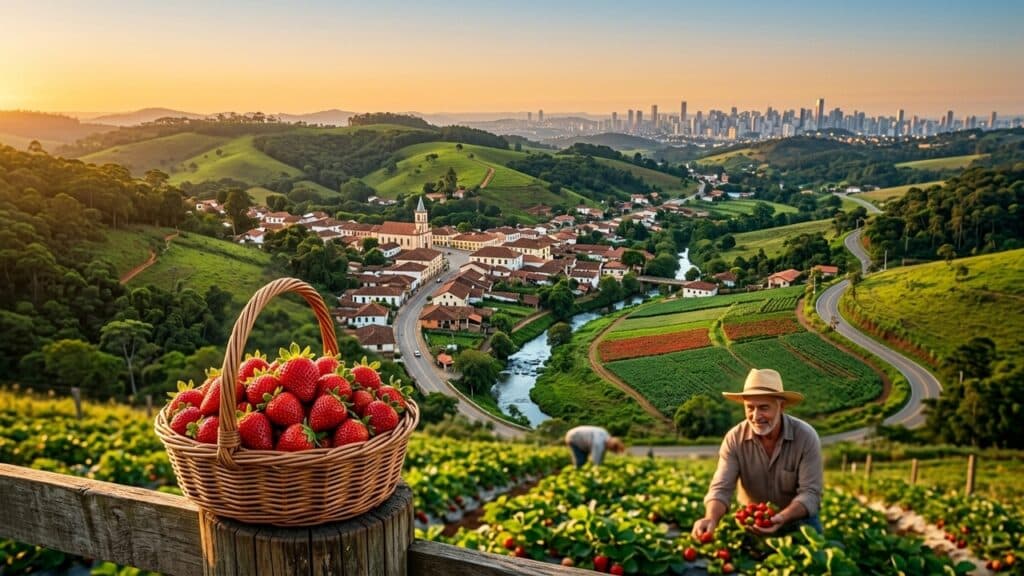 Cesta de morangos frescos em plantação rural, com agricultor colhendo frutas e cidade ao fundo.